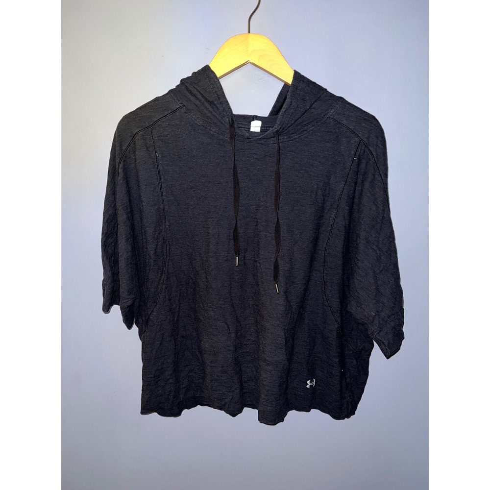 Under Armour HeatGear Womens Large Black Heather Short Sleeve Hoodie Loose Fit